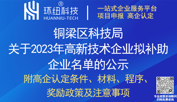 銅梁區2022年高新技術企業補助名單